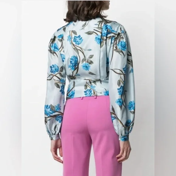 Alberta Ferretti White and Blue Wrap Blouse with Notched Collar